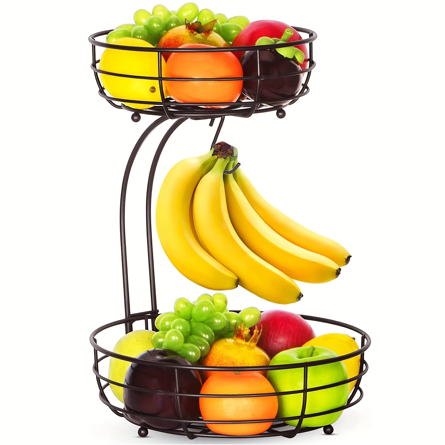 E-shop 2-Etagen Obstkorb mit Bananenhalter, Stehender Moderner Obstschale für die Küche, Praktischer Metall Obst- Gemüsekorb, Schwarz, Nützliche