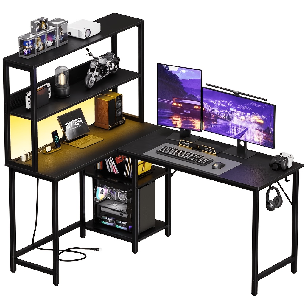 TEMU 43/53 Inch L Shaped Office Desk, Reversible Computer Desk, Gaming Table With Storage Shelves And Hooks