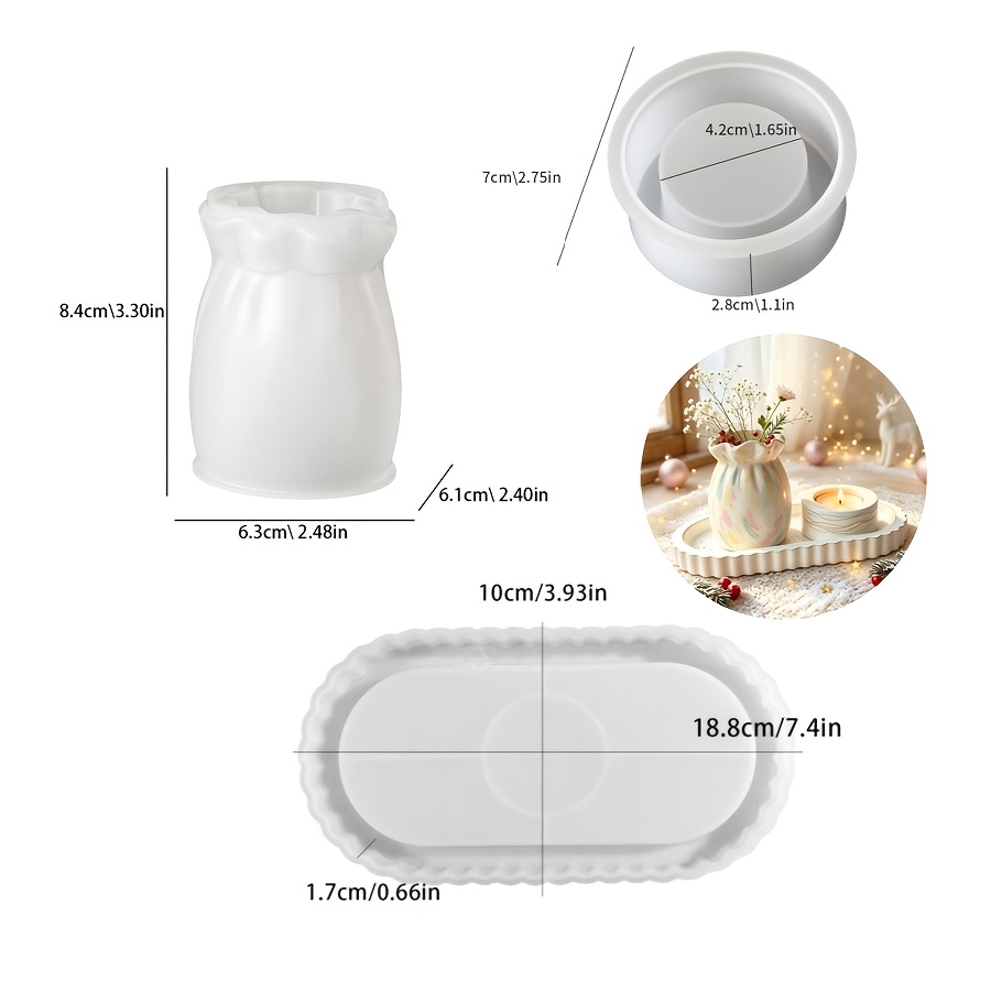 TEMU Clay Silicone Mold Set, Including 3pcs: Bag Vase, One-tier Candlestick, And Striped Oval Tray, Suitable For Making Epoxy Plaster Candle And