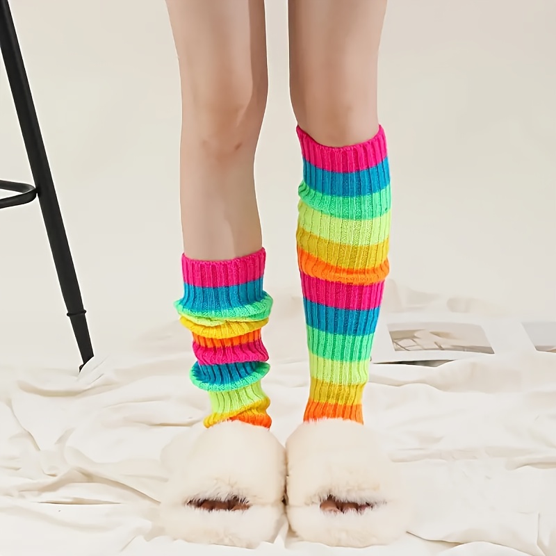 TEMU Autumn/winter Style: A Pair Of Colorful Striped Chunky Socks, Versatile Over-the-knee Socks, Women's Long Socks And Hosiery, Neon Sock Sets For