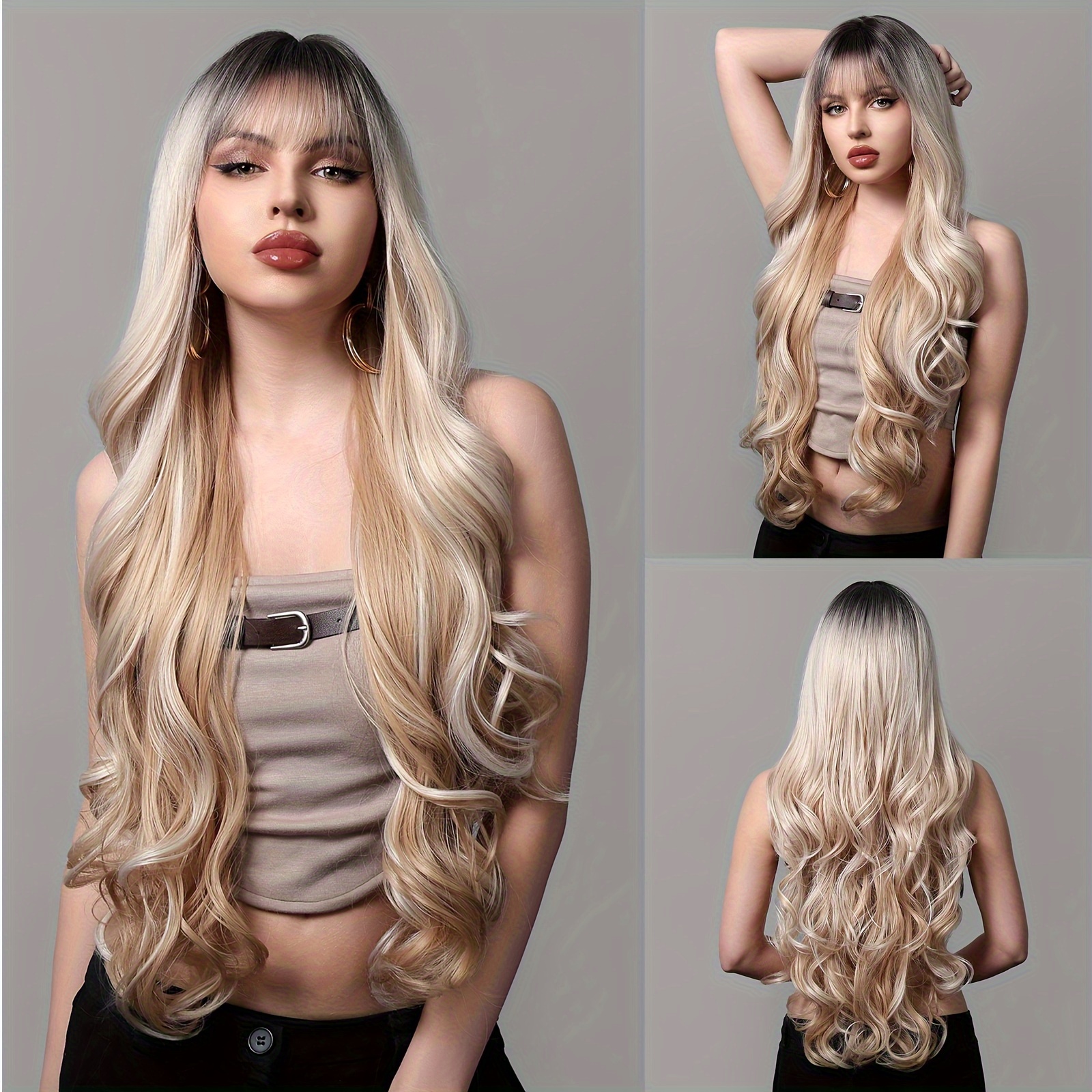 

30 Inch Women's Blonde Gradient Bangs Long Curly Hair Synthetic Wig For Any , Daily Use