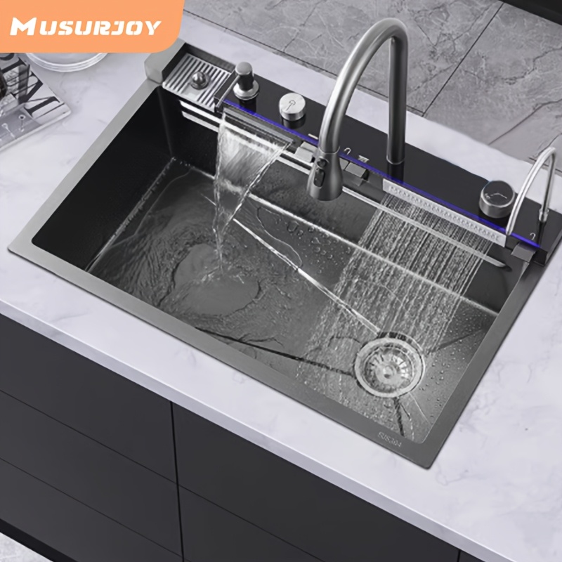 Schwarze Küchenspüle Mit Glasbrause – Einzelbecken, 73,7x45,7x20,3 Cm, Drop-In/Topmount