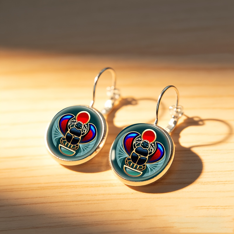 Round Glass Inlaid Base Earrings with Beetle Design