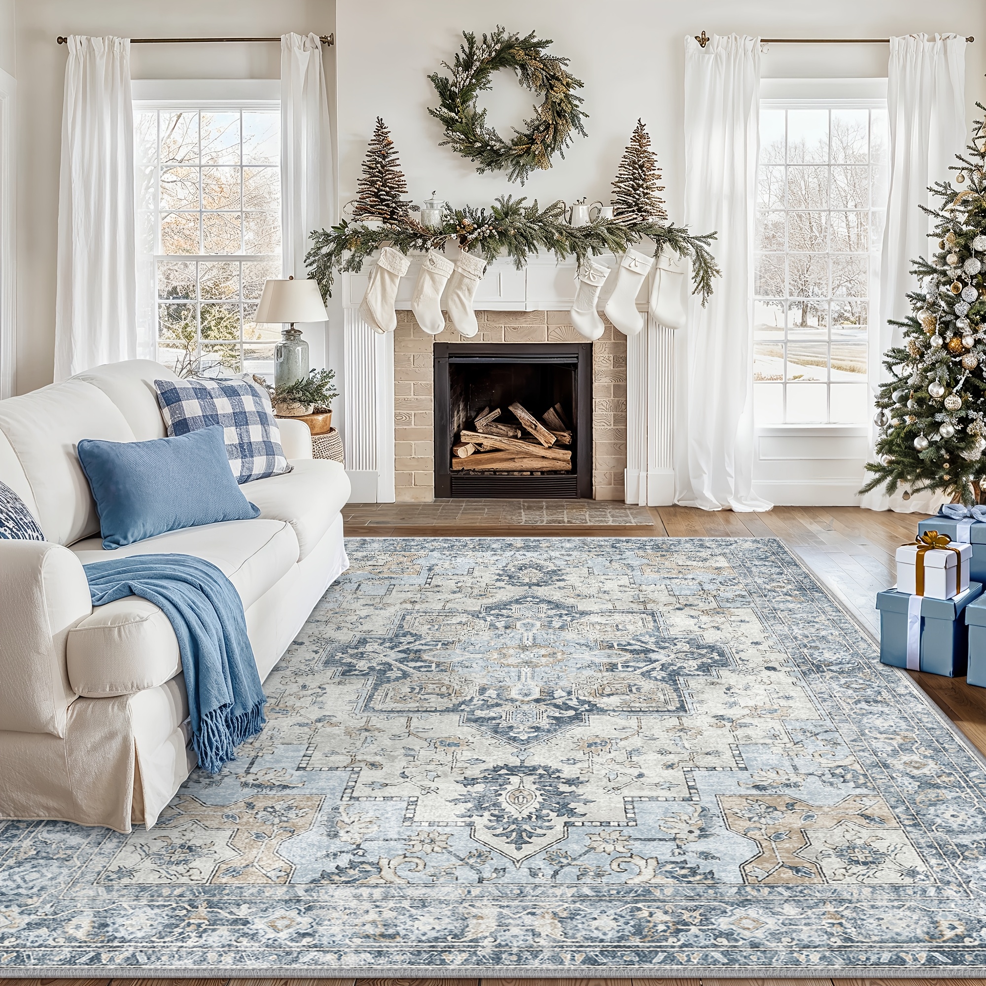 TEMU Area Rugs For Living Room, Machine Washable Rug, Non-slip Vintage Retro Rugs, Low Pile Lightweight Chenille Print Rug For Bedroom, Dining Room, Home Office, Bathroom Carpet, Blue