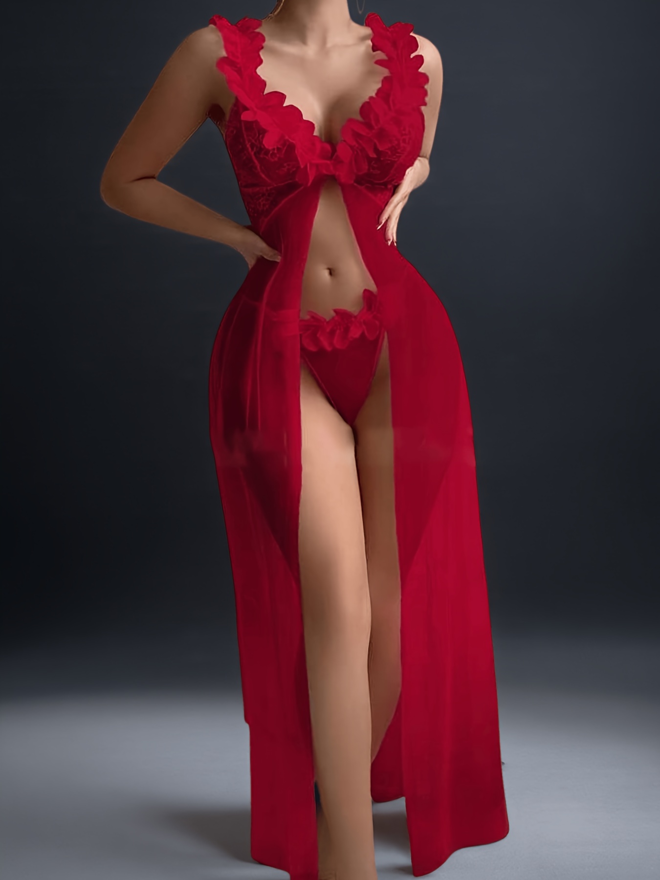 2 pack teddies lingerie for women   lace sleepwear set with g string matching panties deep v neck contrast lace details solid color   pajama sets for adult Product details 3