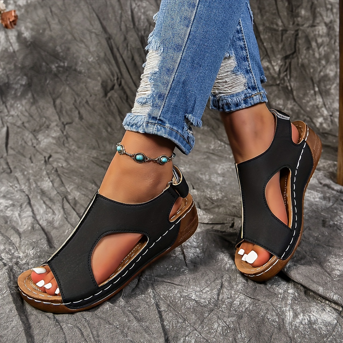 women s solid color wedge heeled sandals casual open toe details 8