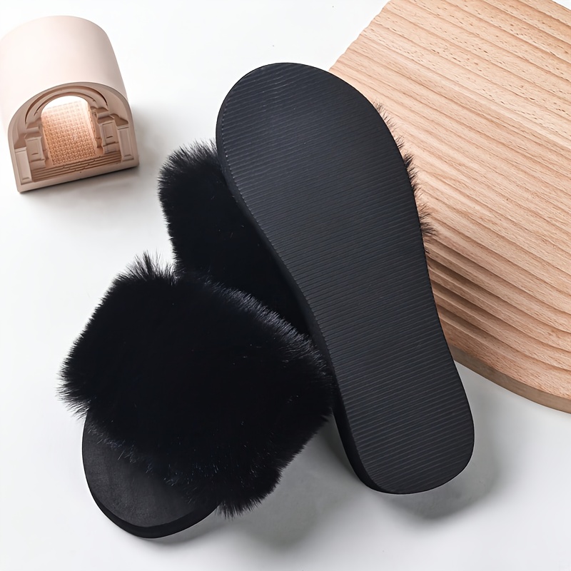 Cozy Women’s Plush Slide Sandals with EVA Sole Soft Black Fur Trim,  Comfortable Indoor/Outdoor Slippers for Ladies Slippers