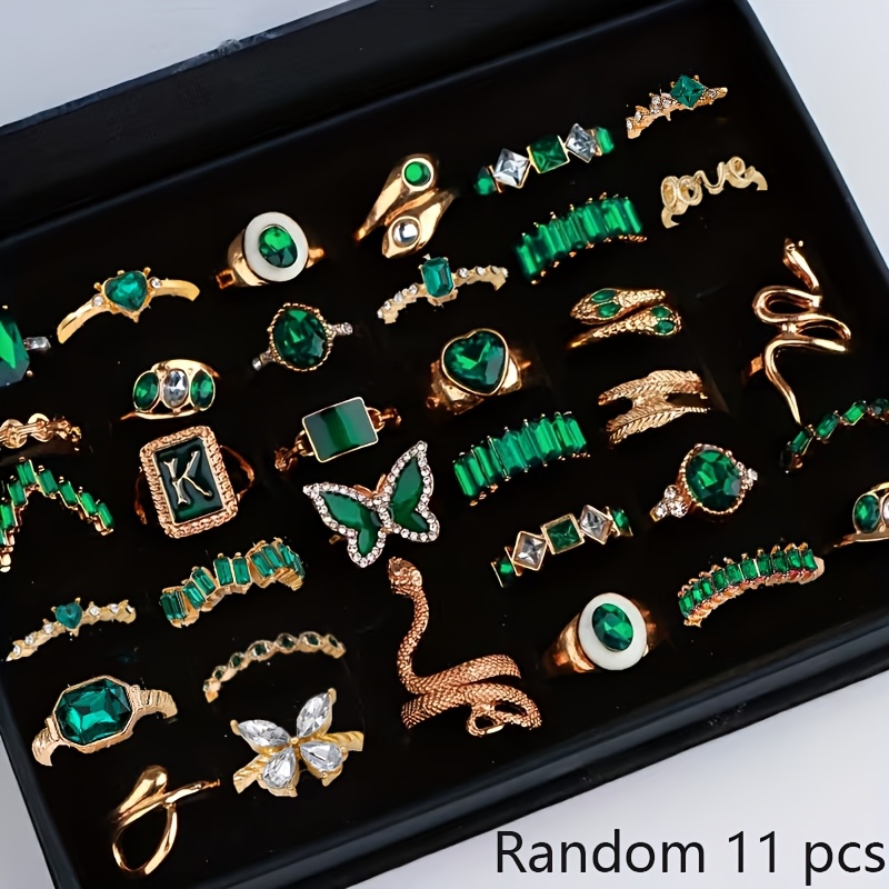 TEMU Juego de anillos verdes de forma irregular aleatoria de 5/11 piezas, anillo de serpiente de moda para , banquete, joyería de dedo, regalo de