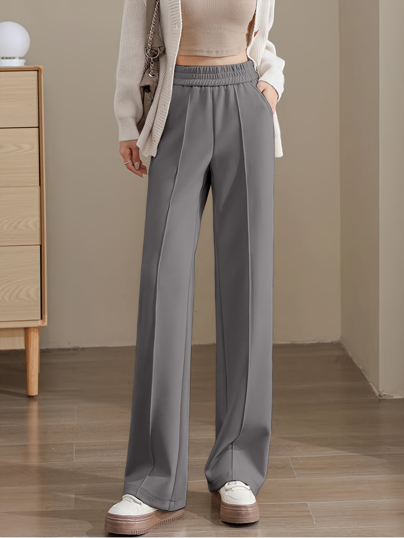 narrow wide leg pants womens high waist outing stretch - Temu