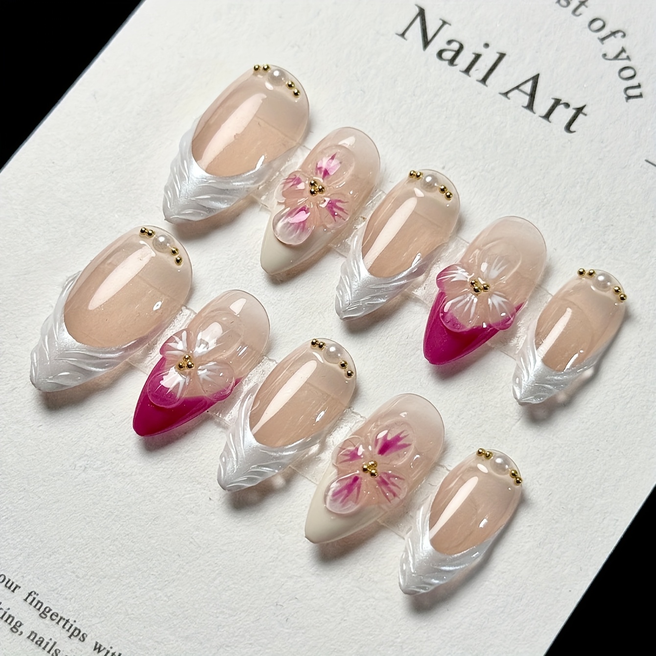 Image of 10pcs Pure Handmade Almond Nail White Rose Red French 3d Flower Edge Pearl Temperament Light Luxury Premium Fake Nails