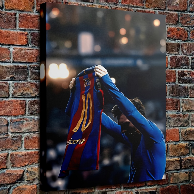 1pc framed canvas art messi     with messi 10   logo dynamic sports themed wall decor for home office or sports room 11 8x15 7 inch sports room decor iconic   durable canvas soccer room decor 0