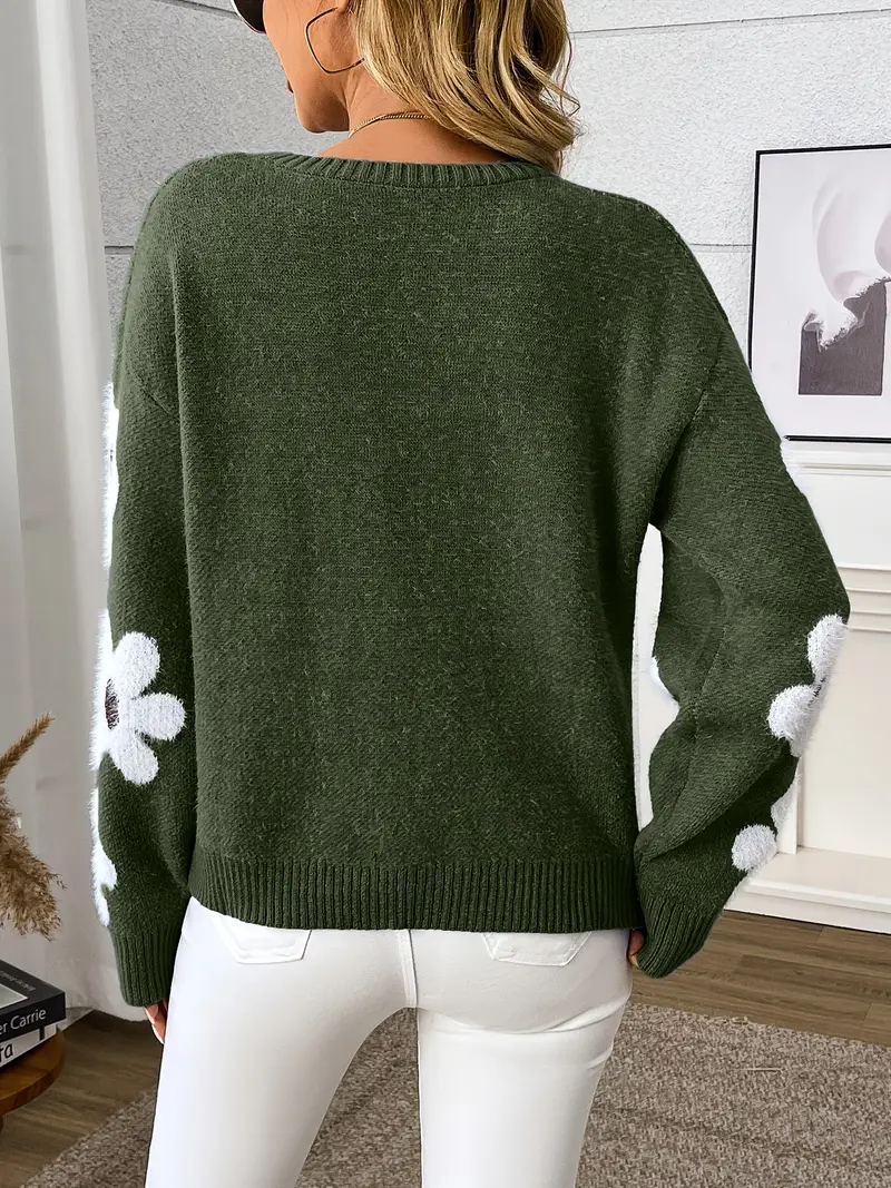 floral patterned crew neck knit sweater elegant and chic polyester blend knit fabric 359 g m Product details 2