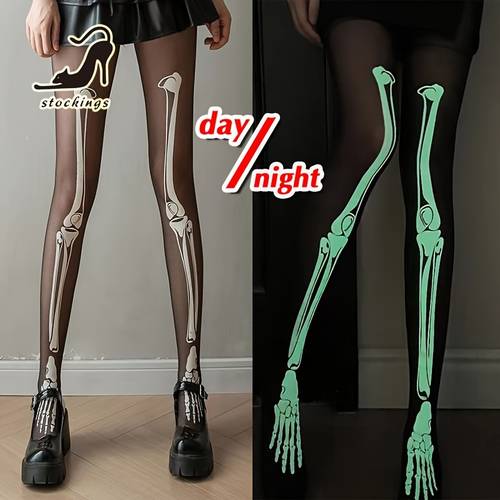 1 paar gloeiende skeletkousen, lichtgevende beenleggings voor dames, perfect voor halloween met thema, gloeiende panty