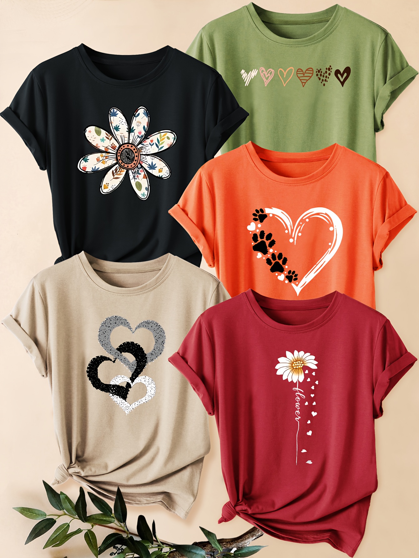 5pcs womens retro graphic print t shirts floral heart designs   round neck casual tees for gym training casual attire machine washable spring summer fall tops seasonal fashion vintage style shirts nontransparent fabric