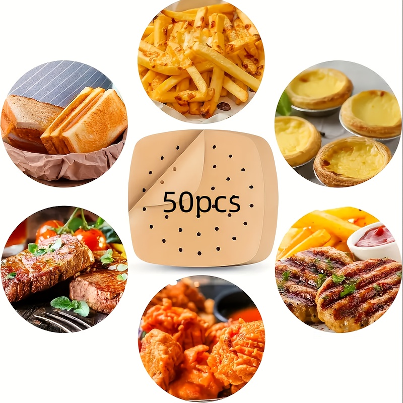 E-shop 50/100 Stück Quadratisches Backpapier für Heißluftfritteusen, Einweg-Dampfeinsätze, Perforiertes Filterpapier für Heißluftfritteusen, Backöfen,