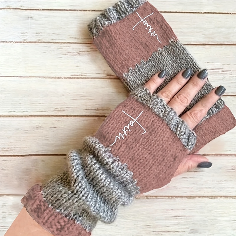 Autumn/winter Women's Faith Cross Embroidered Color-block Mittens Thermal Gloves