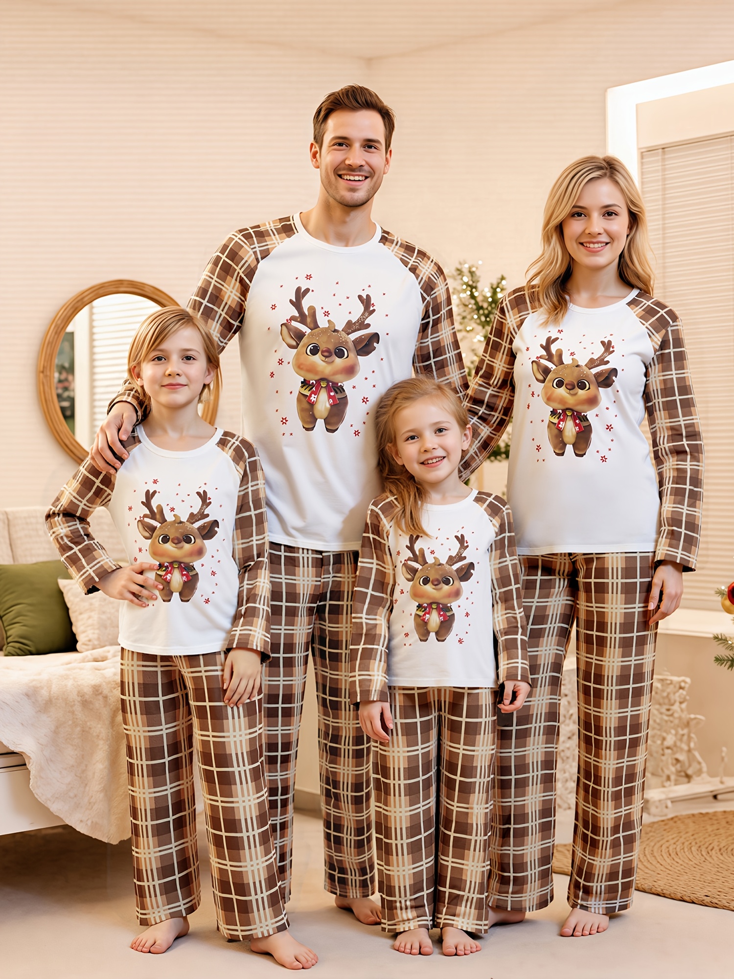 Parent-Child Matching Christmas Pajama Sets - Family Holiday Sleepwear with Reindeer Print & Plaid Design, Cozy Long Sleeve Round Neck Outfits for Parents & Kids, Soft Winter Pajamas for Family Movie Nights & Xmas Photos, Cute Dog Outfit Option (One