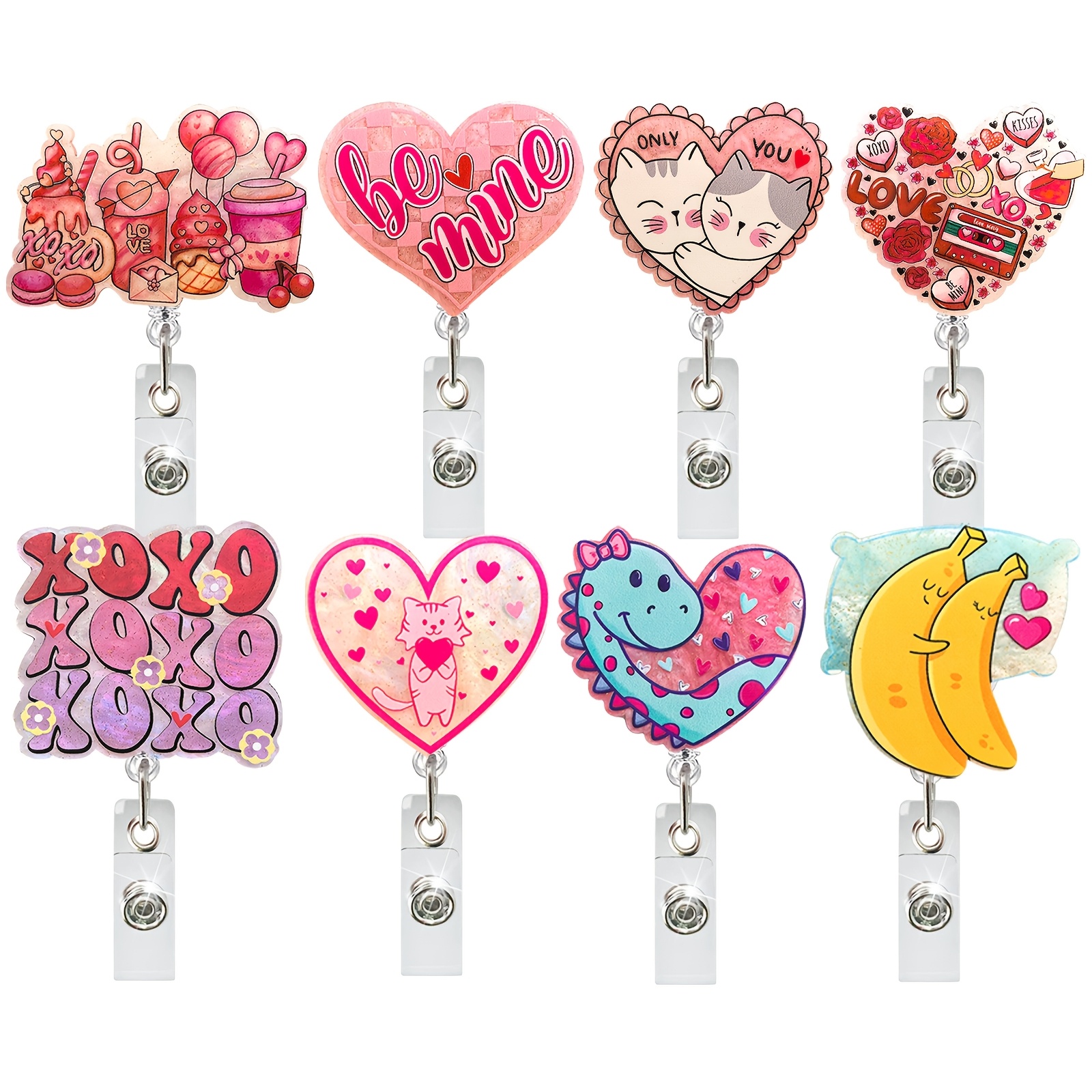 

1pc Sparkling Acrylic Valentine's Day Id Badge Holder With Glitter, Love & Dinosaur Design, Retractable Reel With Clip - Abs Material For Office, Teachers, Doctors, Nurses