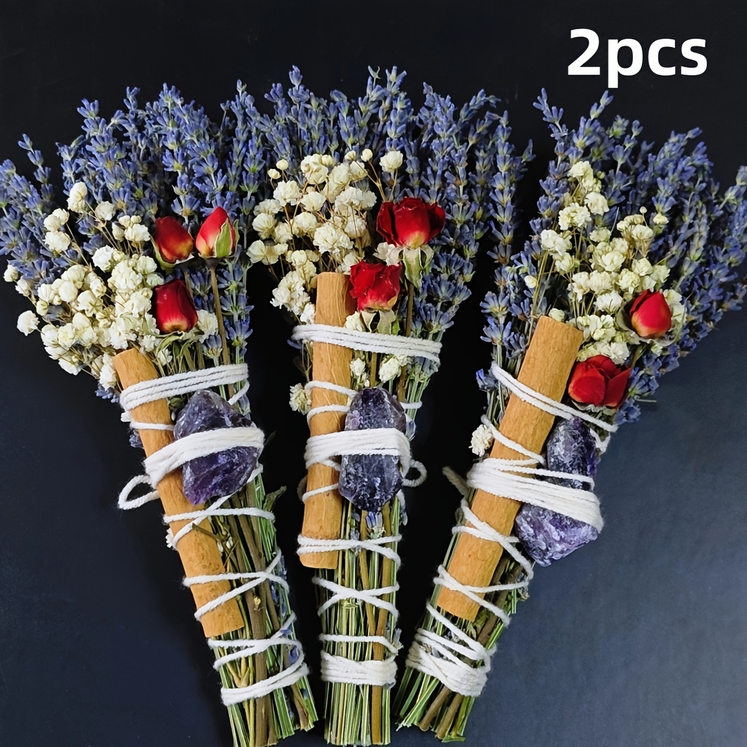 E-shop 2 Handgefertigte Lavendelstäbe - Natürliche Schilfer & Trockenblumen mit Kristallinfusion für Reinigung, Beruhigendes , Feiertagsdekoration