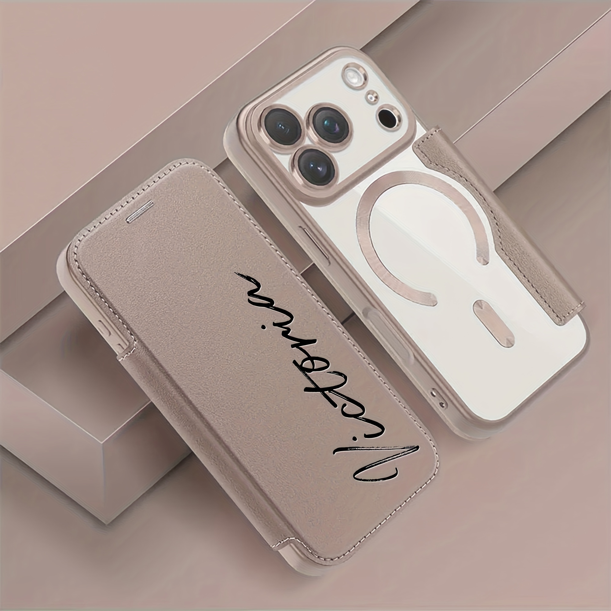Etui za telefon - Personaliziran etui z imenom po , luksuzna umetna usnjava, zlati ščit, prozoren preklopni etui, poslovni stil, združljiv z