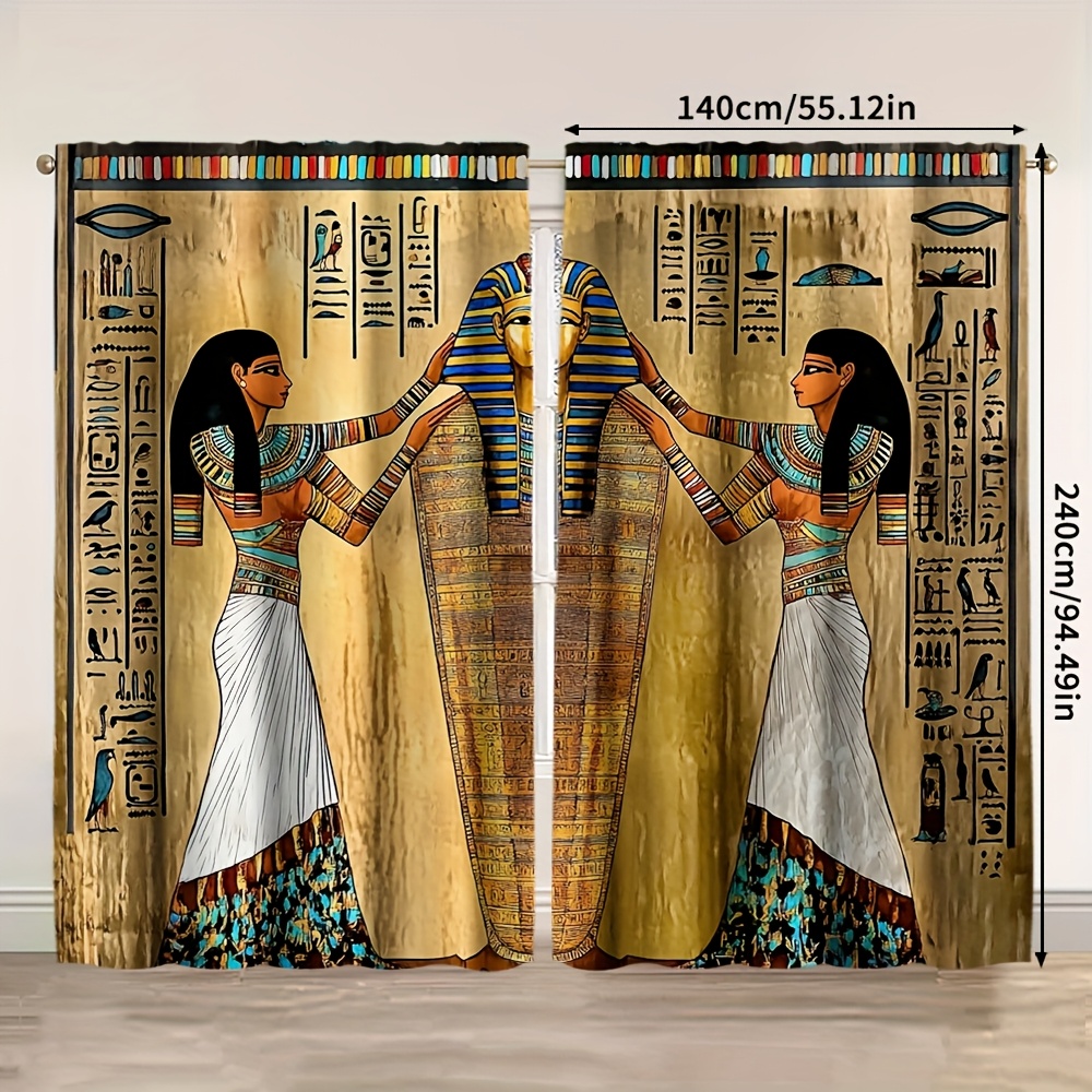 TEMU 2pcs, 2d Flat Printing Curtains, Ancient Egyptian Queen Hieroglyphics, Polyester, For Kitchen, Cafe, Living Room, Dining, Balcony, Garden,