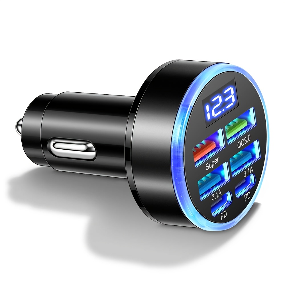 40W Fast Charging Car Charger with QC3.0 & Dual PD Ports, 6-in-1 Digital Display, USB Compatibility, Black Design for Quick and Efficient Charging on the Go, Car Charging Station | Sleek Black Charger | Durable Cylindrical Charger