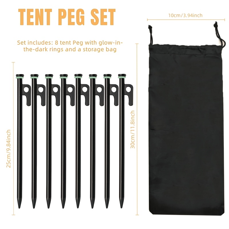 Image of Heavy-duty Steel 8 Pack 10 Inch Tent Stake Set, Including Fluorescent Tent Stakes And A Storage Bag, Ideal For Camping And Setting Up Tents; Works Best At Night.