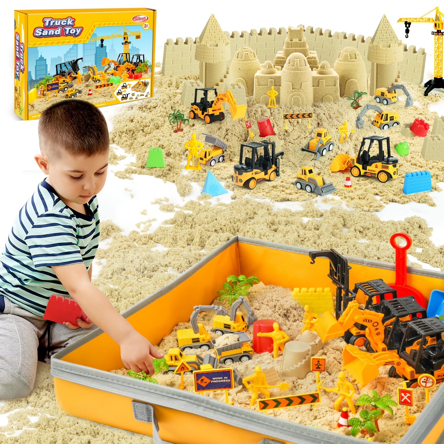 TEMU Sand Construction Kit With A Big Foldable Sandbox And 2.2lbs , Truck Sand Construction Toys Including Castle Molds And Other Accessories 36pcs