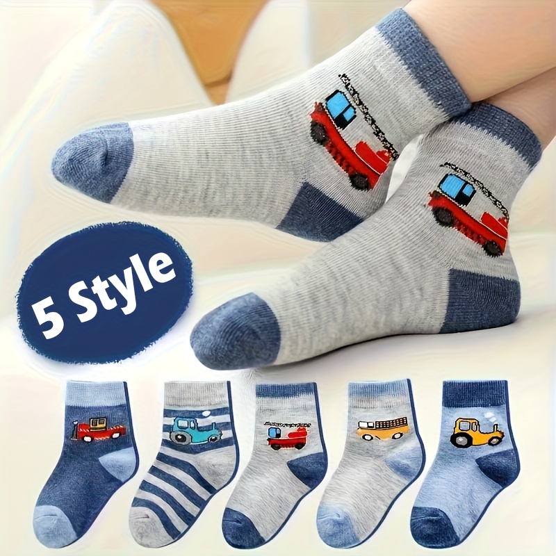 Image of 3-pairs Boys' Truck & Vehicle Socks - Fire Truck, School Bus, Tractor Designs | & Little Socks Suitable For School, , Vehicle-themed Parties