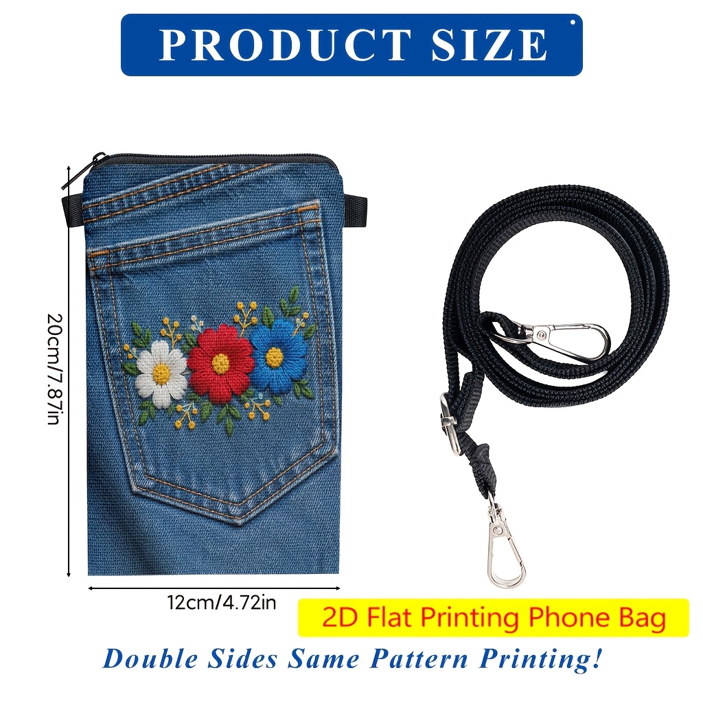 TEMU Phone Bag 1pc, Colorful Flowers Denim Print Mobile Phone Bag, Adjustable Strap Crossbody Phone Pouch, Mini Zipper Shoulder Bag, Small Vertical