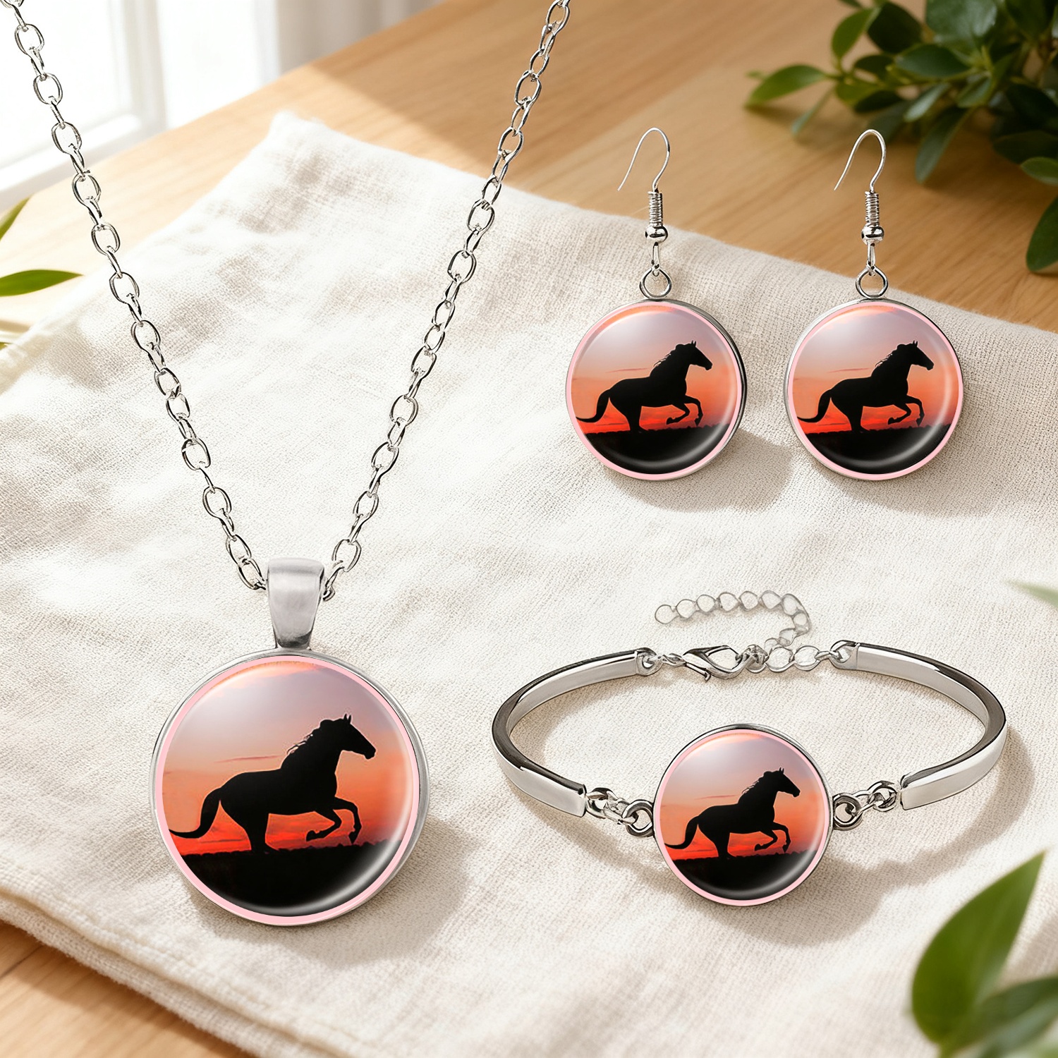 4pc Galloping Horse Jewelry Set, Necklace & Earrings