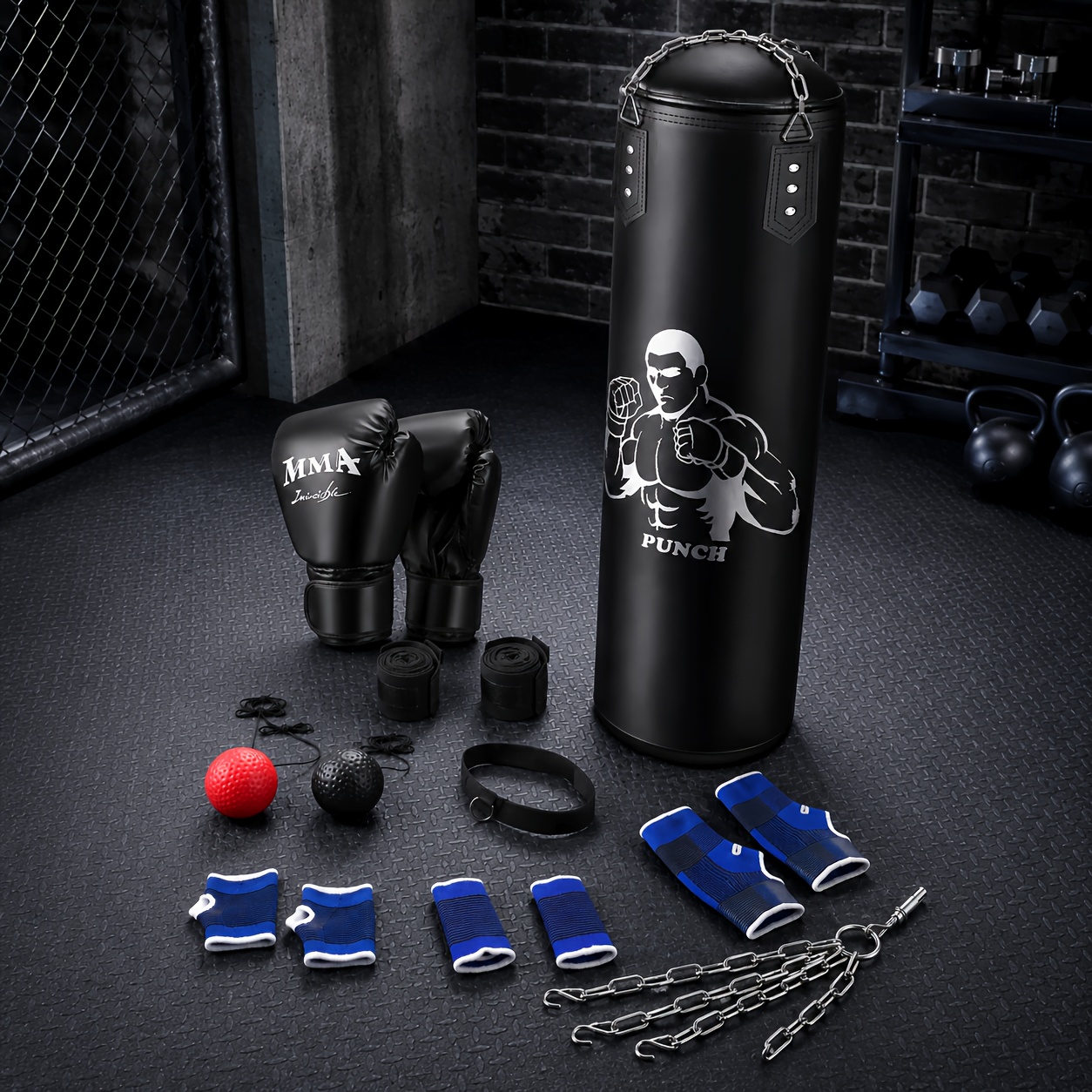 Image of 120cm Heavy Punching Bag Set With Hanging Kit, Reaction Ball & Training Additions, Bag For Mma, Kickboxing, Karate And Home Gym