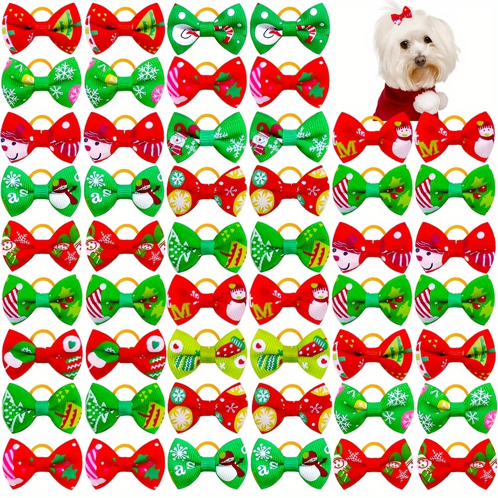 

30 Pcs Christmas Pet Hair Bows With Rubber Bands, Assorted For Dogs And Cats, Snowman, Christmas Tree, Santa Patterns For Grooming And Decoration