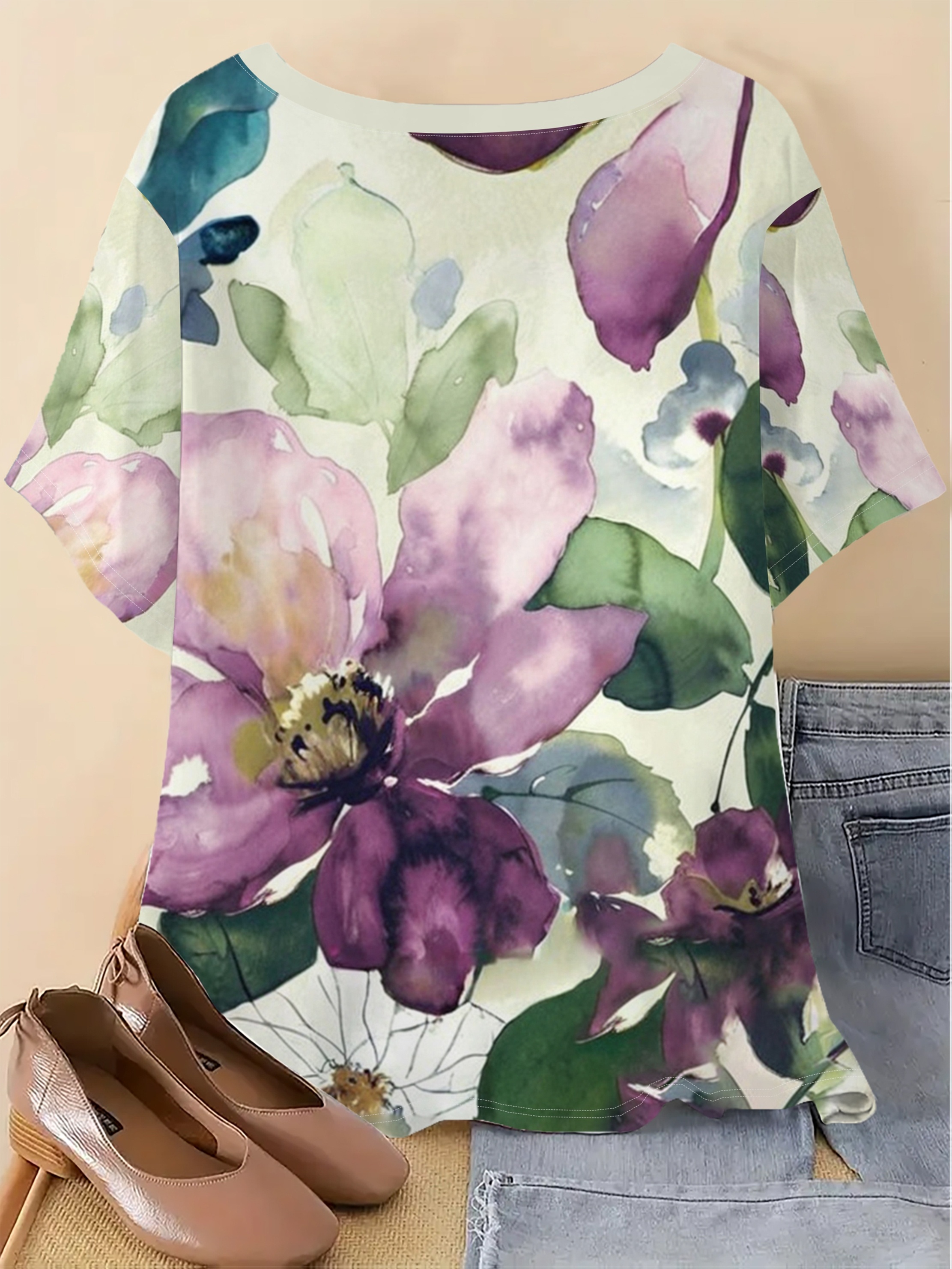 plus size comfortable casual elegant   printed plus size womens round neck short sleeve t shirt