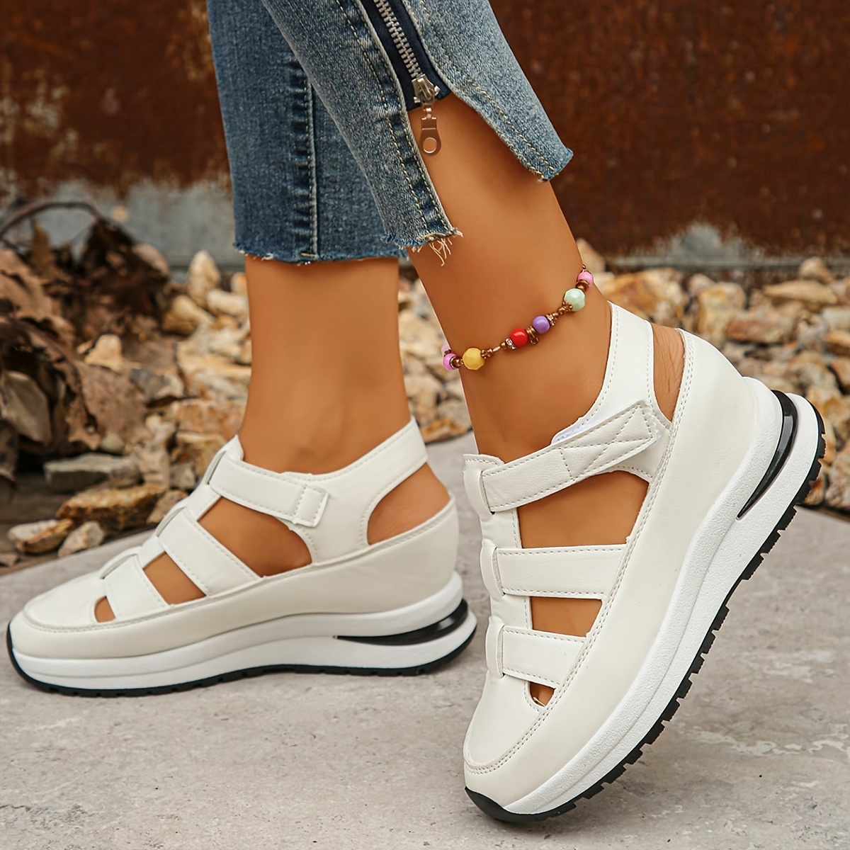 Women'S Fashionable White Platform Sandals - Open Toe, Mid Heel, Synthetic Upper, Rubber Sole, Hook-and-Loop Closure, Perfect for Summer Casual Outings, Casual Footwear | Platform Sandals | Synthetic Upper