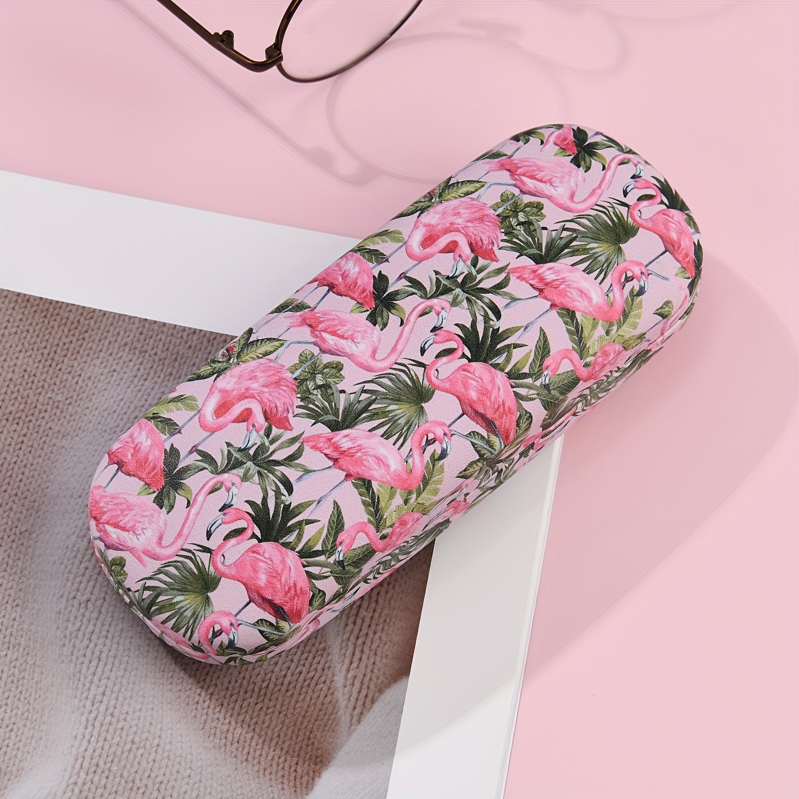 Chic Pink Flamingo Print Fashion Glasses Case - Durable Semi-hard Protective Eyewear Box For Women, Portable & Stylish