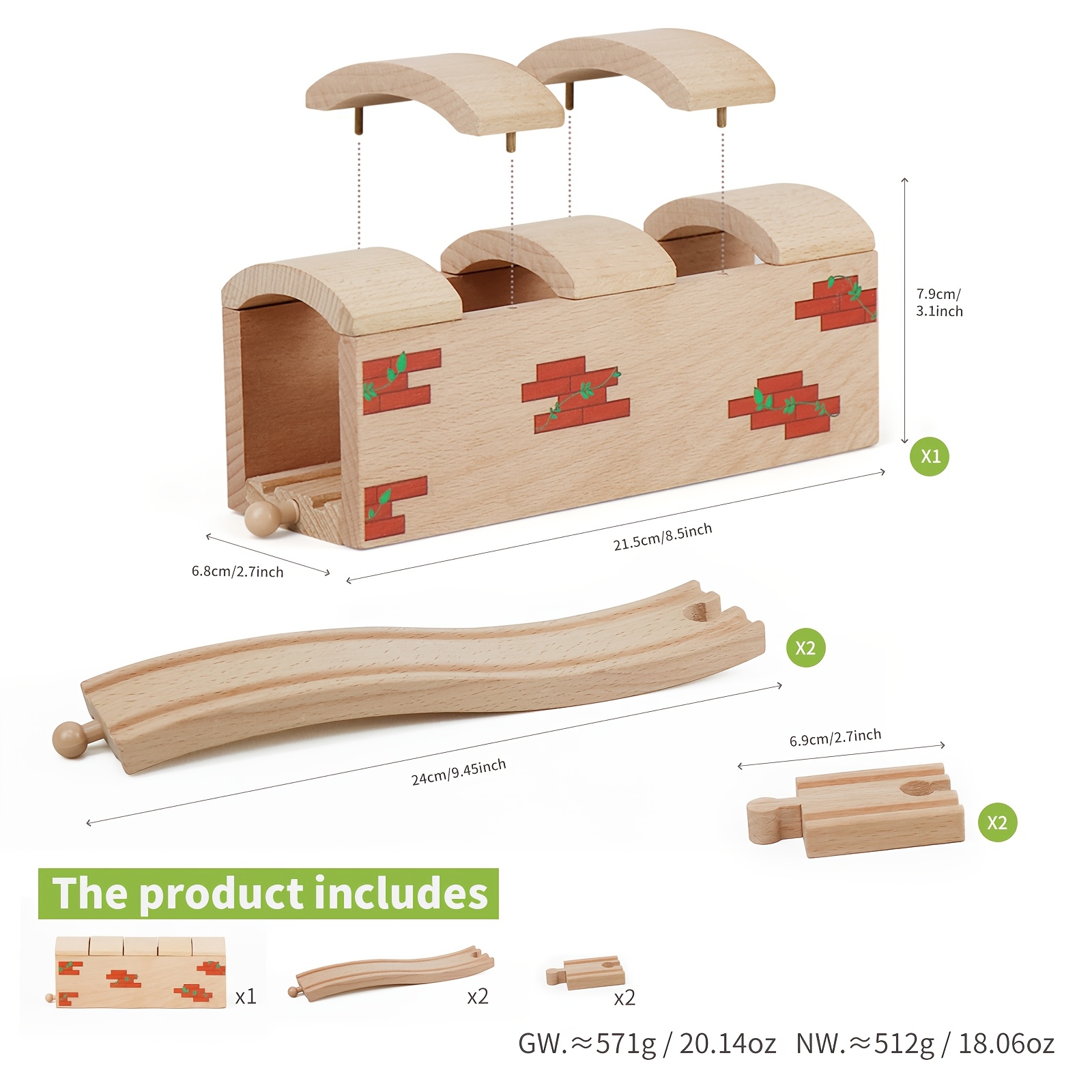 5pcs Wooden Train Track Set With Tunnel Bridge, Solid Wood Railway Additions Compatible With Most Major Toy Train Brands