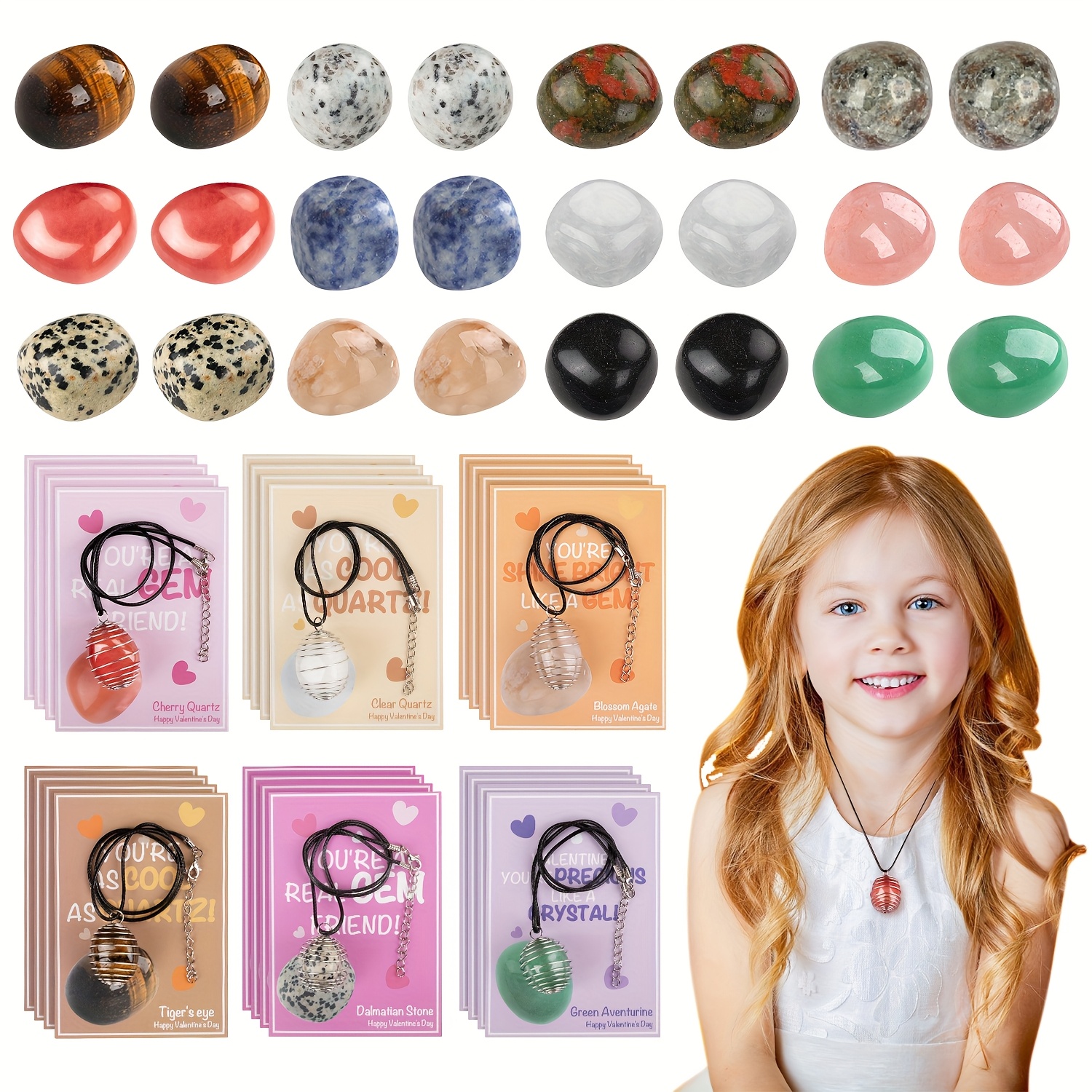 

24 Sets Valentine’s Day Cards & Natural Gemstone Crystal Necklaces For , Boys, Girls, - Classroom Party Favors, Exchange Gifts With Messages &