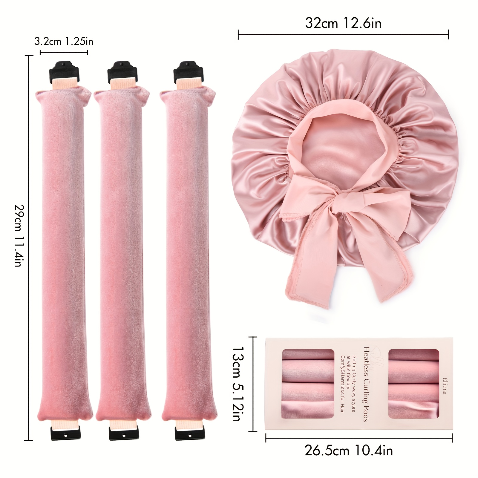 Ellitina 4pcs Heatless Curling Set - No Heat Overnight Curling Rod & Satin Bonnet | Spring/Summer Frizz-Free Waves, Sleep-Friendly DIY Styling Kit for All Hair Types | Adjustable Comfort Fit & Nice Mother's Day Gift (Luxury Satin)