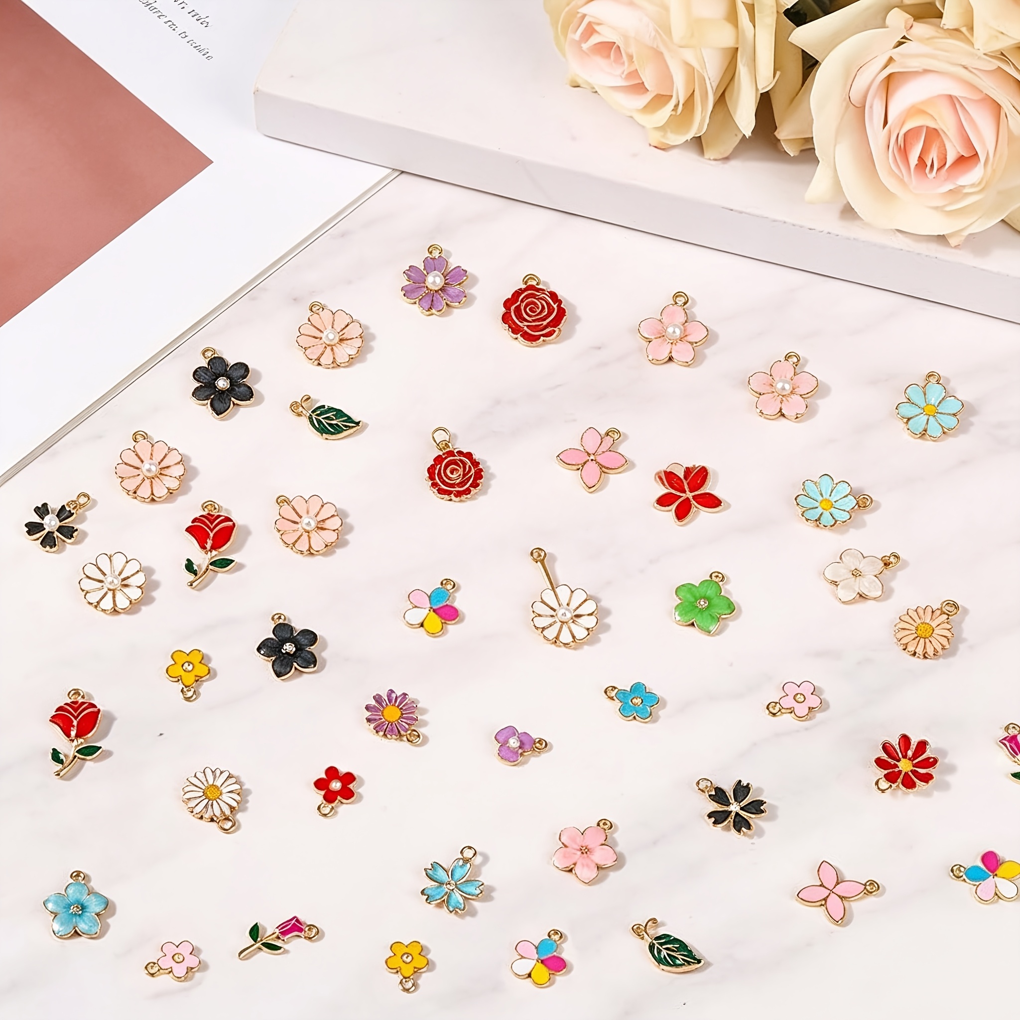 70/140pcs Random Style Flower Element Zinc Alloy Enamel Charms