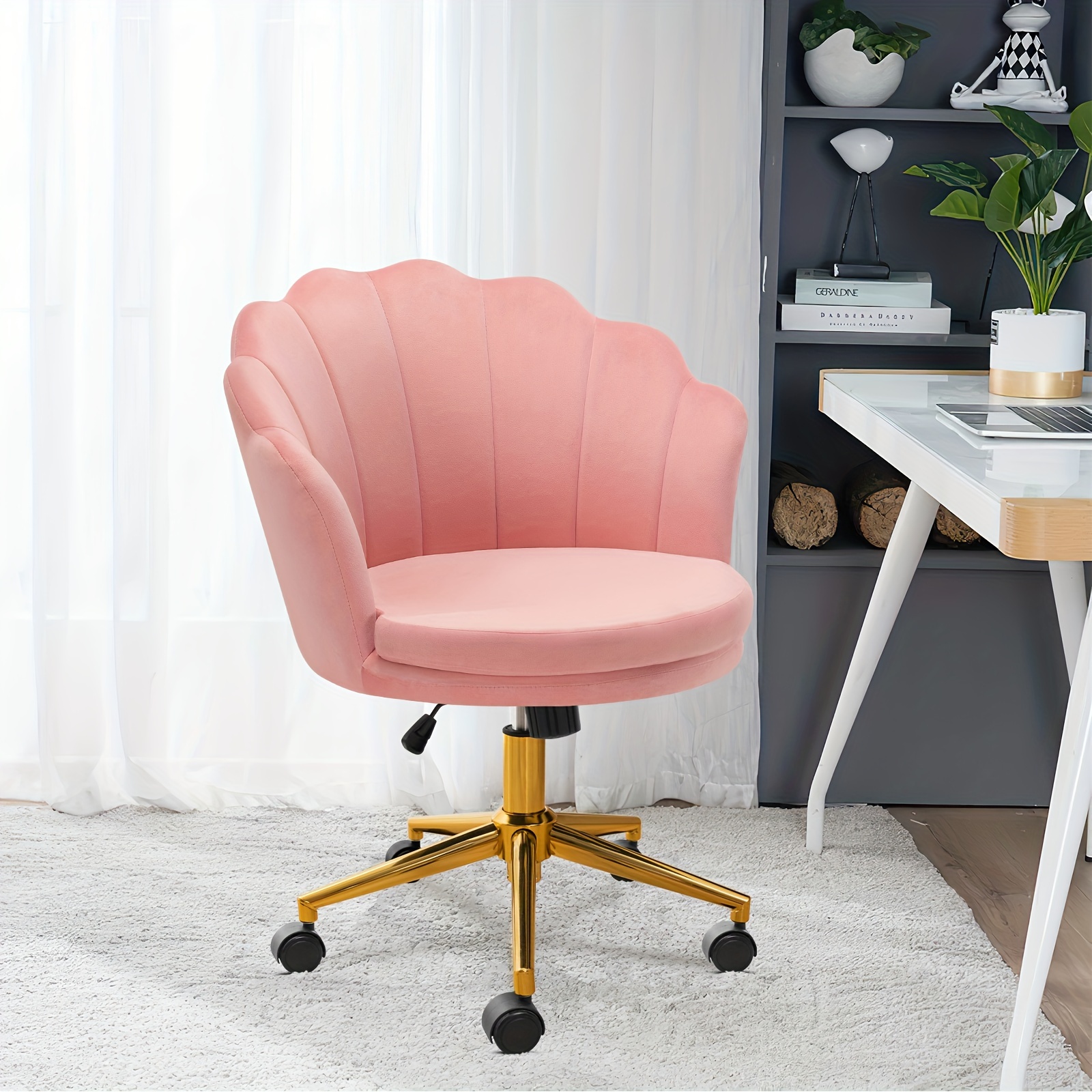 

Home Office Chair With Wheels Upholstered Comfy Velvet Desk Chair Stool, Cute Adjustable Swivel Modern Seashell Back Vanity Chair For Living Room, Bedroom, Office