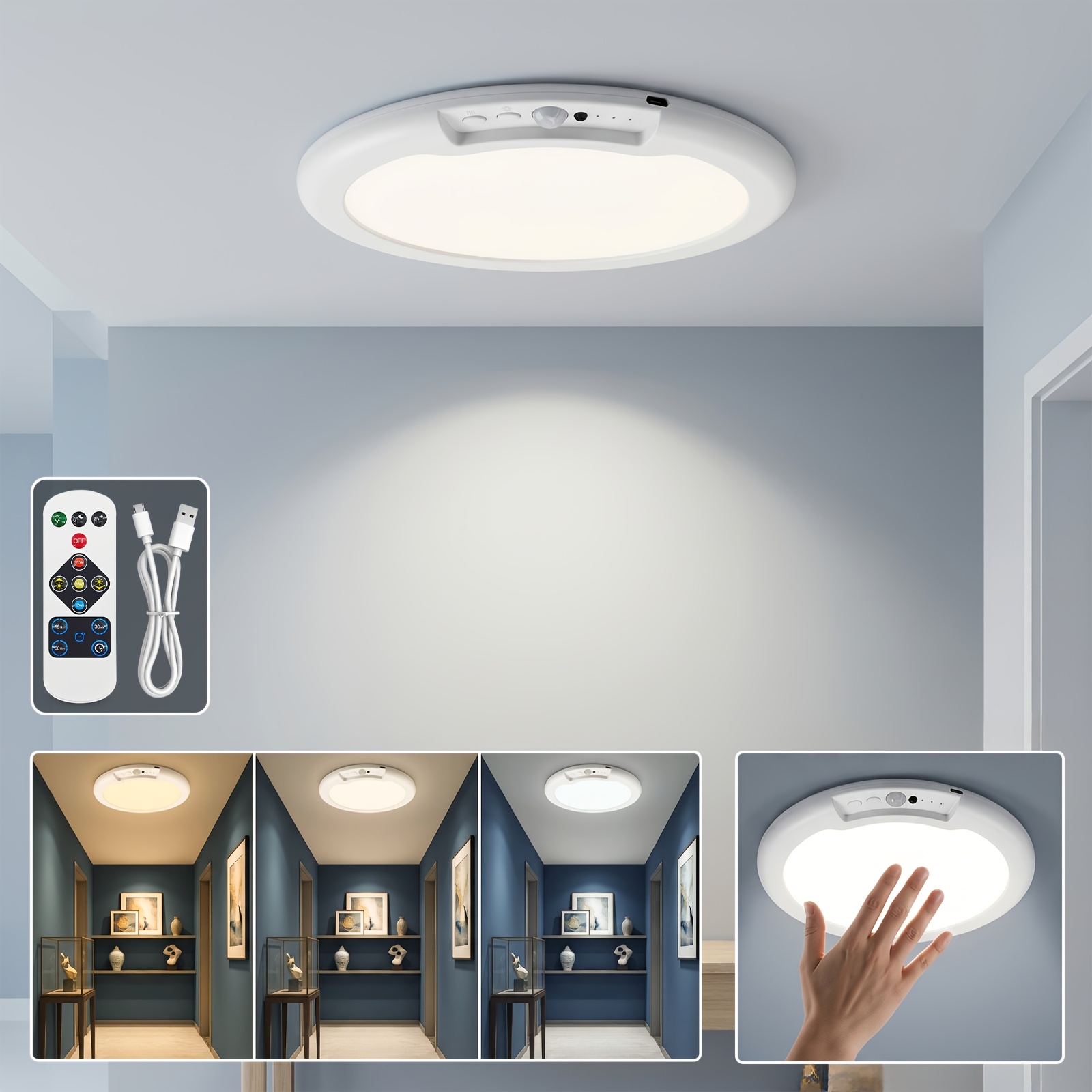 4000mah Wireless Magnetic Ceiling Light With Remote Control – Rechargeable Battery, 3 Lighting & Adjustable Brightness, No Wiring Needed For Bathroom, Hallway, Closet & Pantry