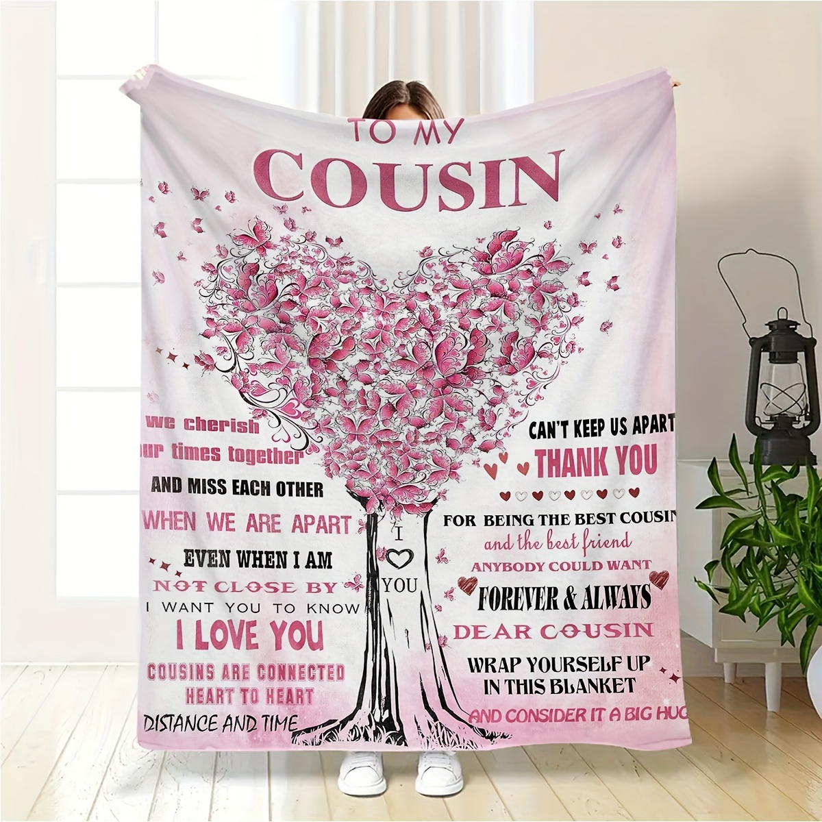 

Personalized Cousin Blanket: Throw With Printed Messages And Heart Design - Perfect For Travel, Office, Or Home Decor