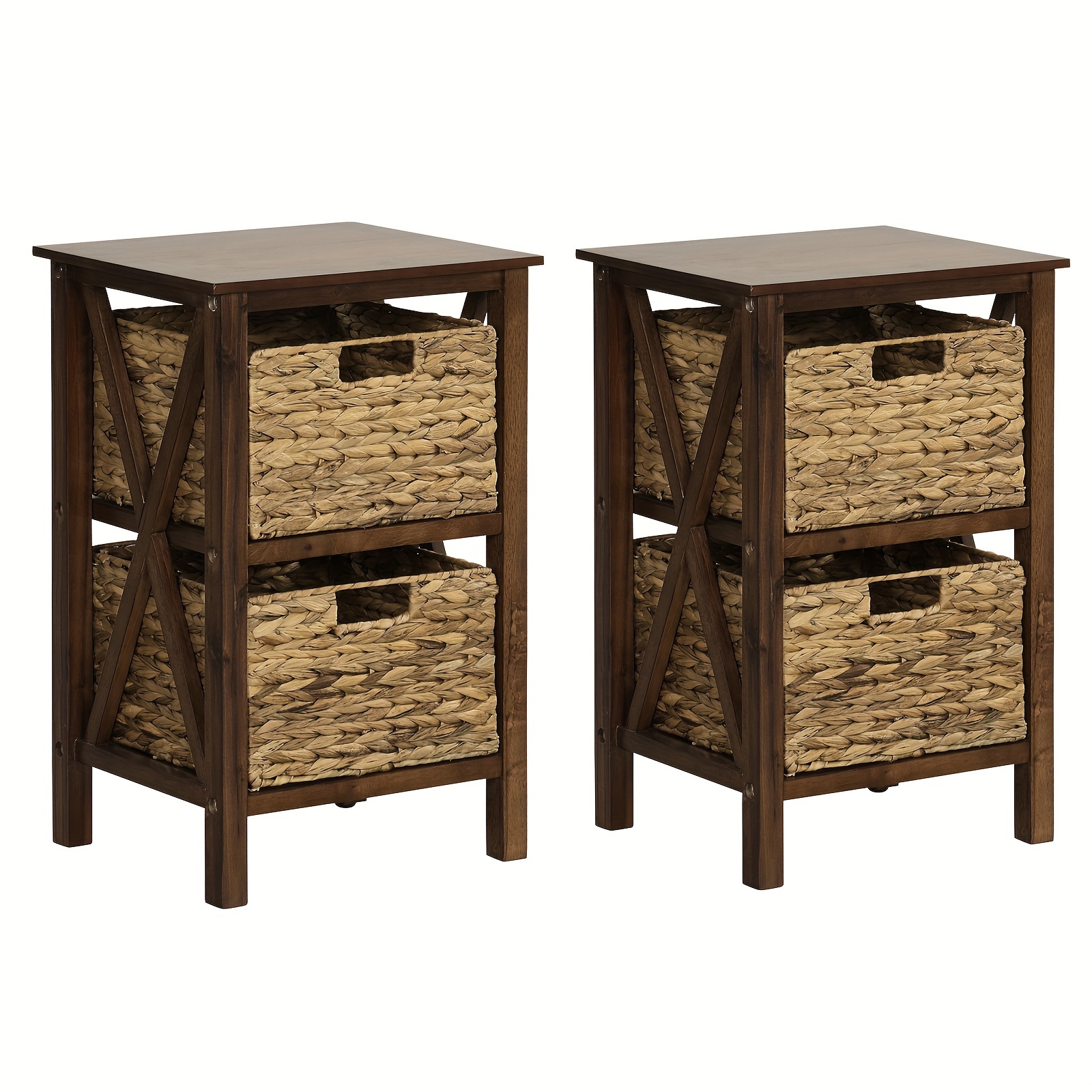 

Set Of 2 Wood Nightstand, Storage Cabinet With 2 Wicker Baskets, Night Stands For Bedroom, Apartment, Home, Dorm, Rustic Brown X-frame On The Side, Easy Assembly