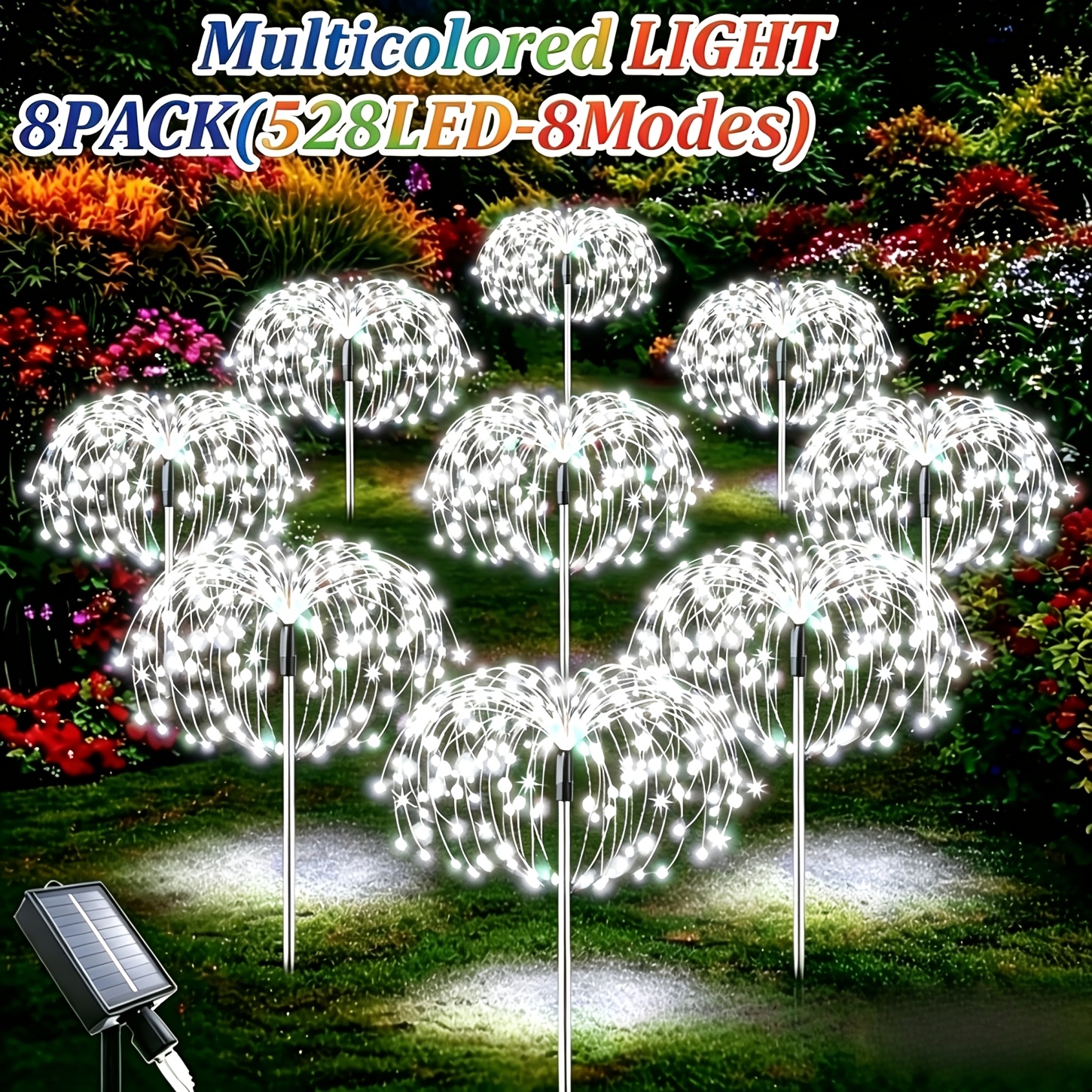 TEMU 8pcs Lampe Solaire de Jardin Extérieure, 8 de Décoration de Feux d'Artifice, 528LED Lampe Solaire de Jardin, Alimentée par l'Énergie Solaire,