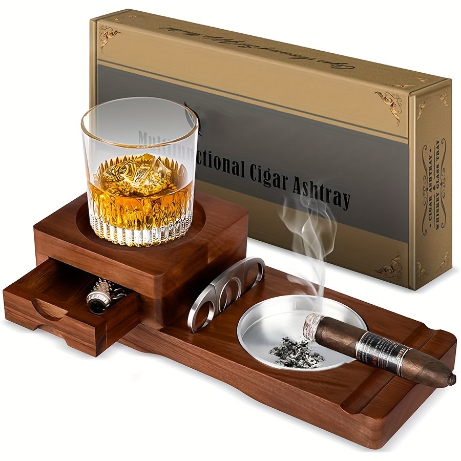 vintage acacia wood ashtray with whiskey glass holder rectangular no power needed perfect for home car use details 1