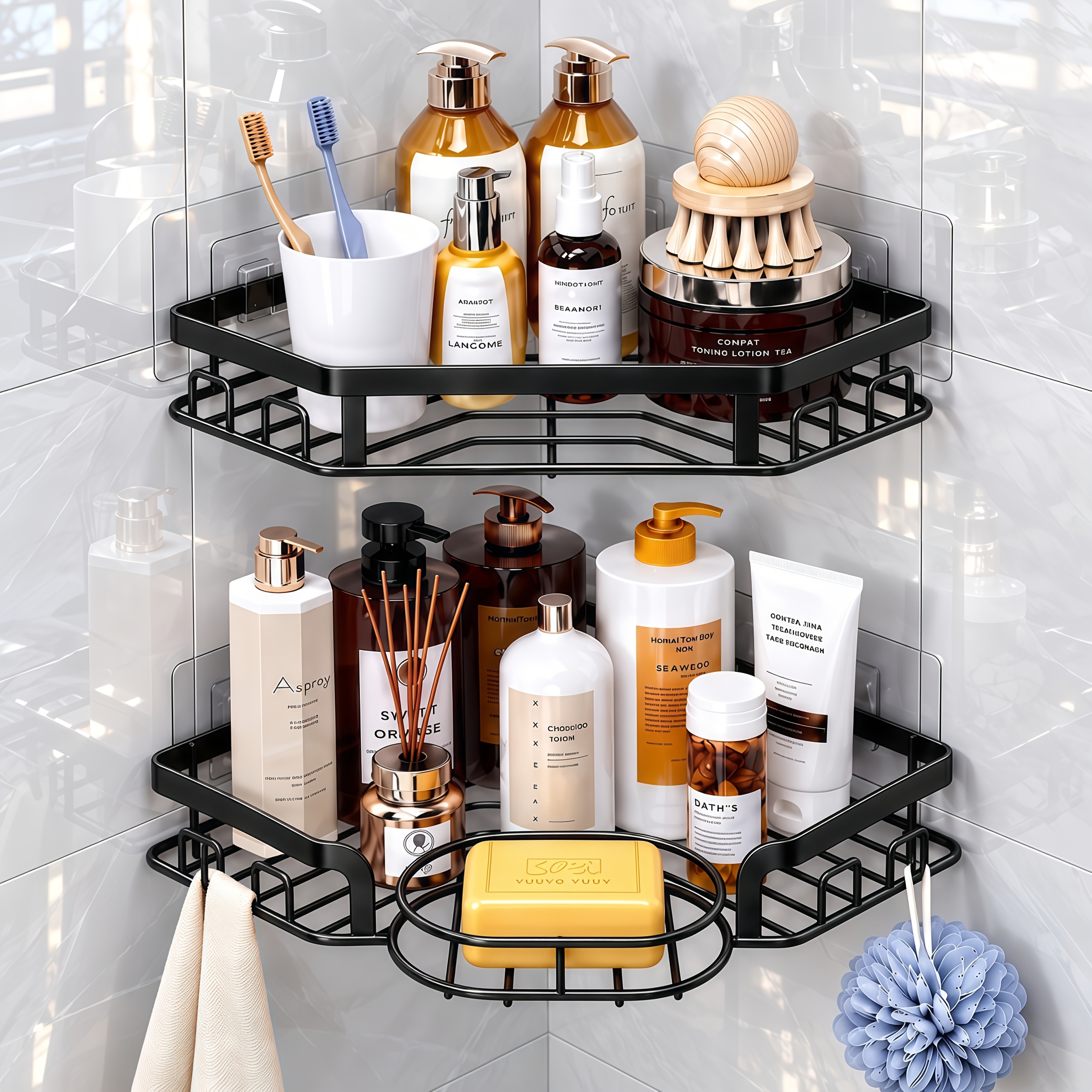 TEMU 2pcs Corner Shower Caddy With Soap Holder And 8 Hooks, No-drill Wall Mounted Bathroom Organizer, Space Saving Corner Shower Shelf For Shampoo,