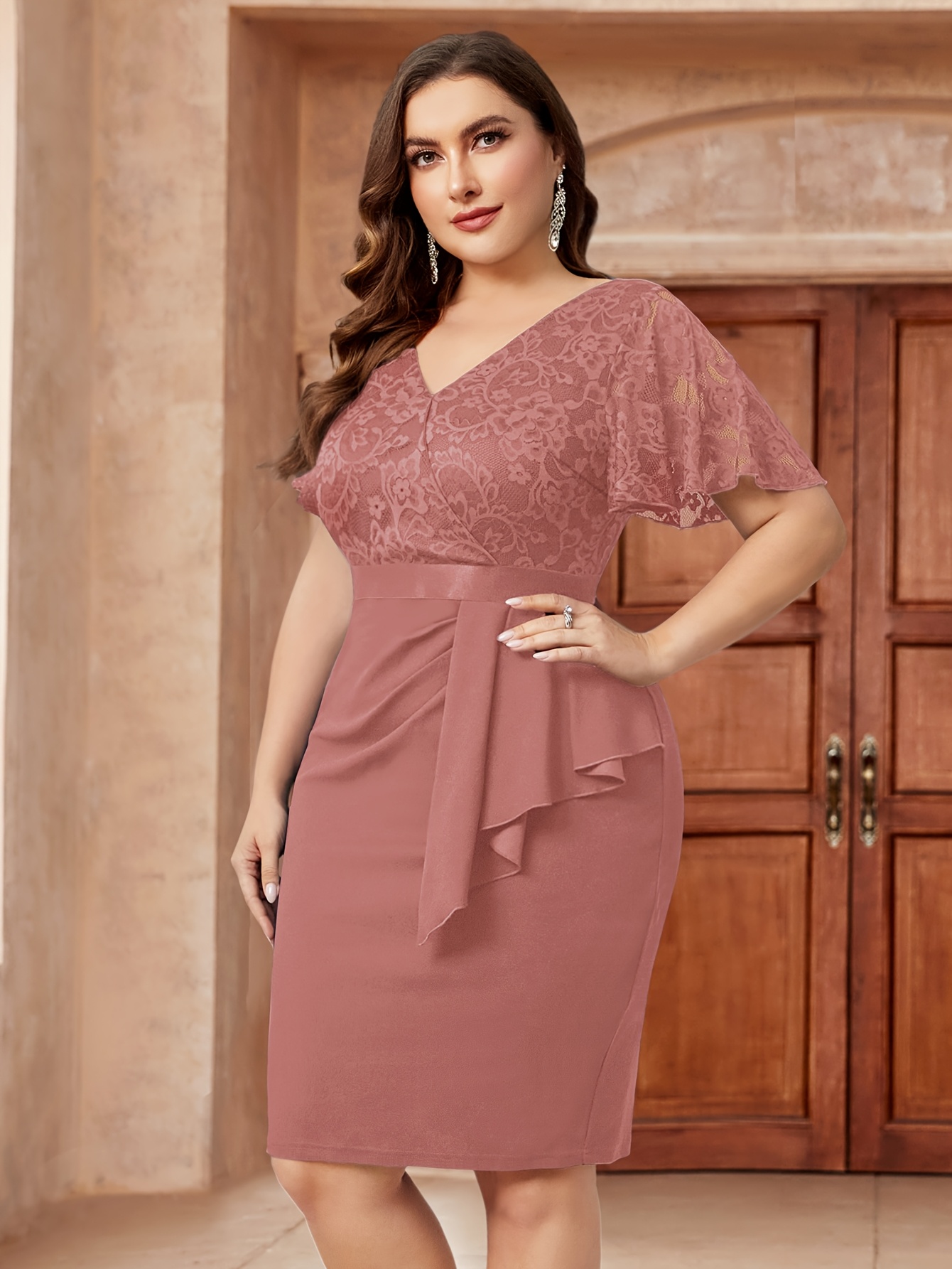 plus size plus elegant v neck floral lace ruffle sleeve - Temu Belgium