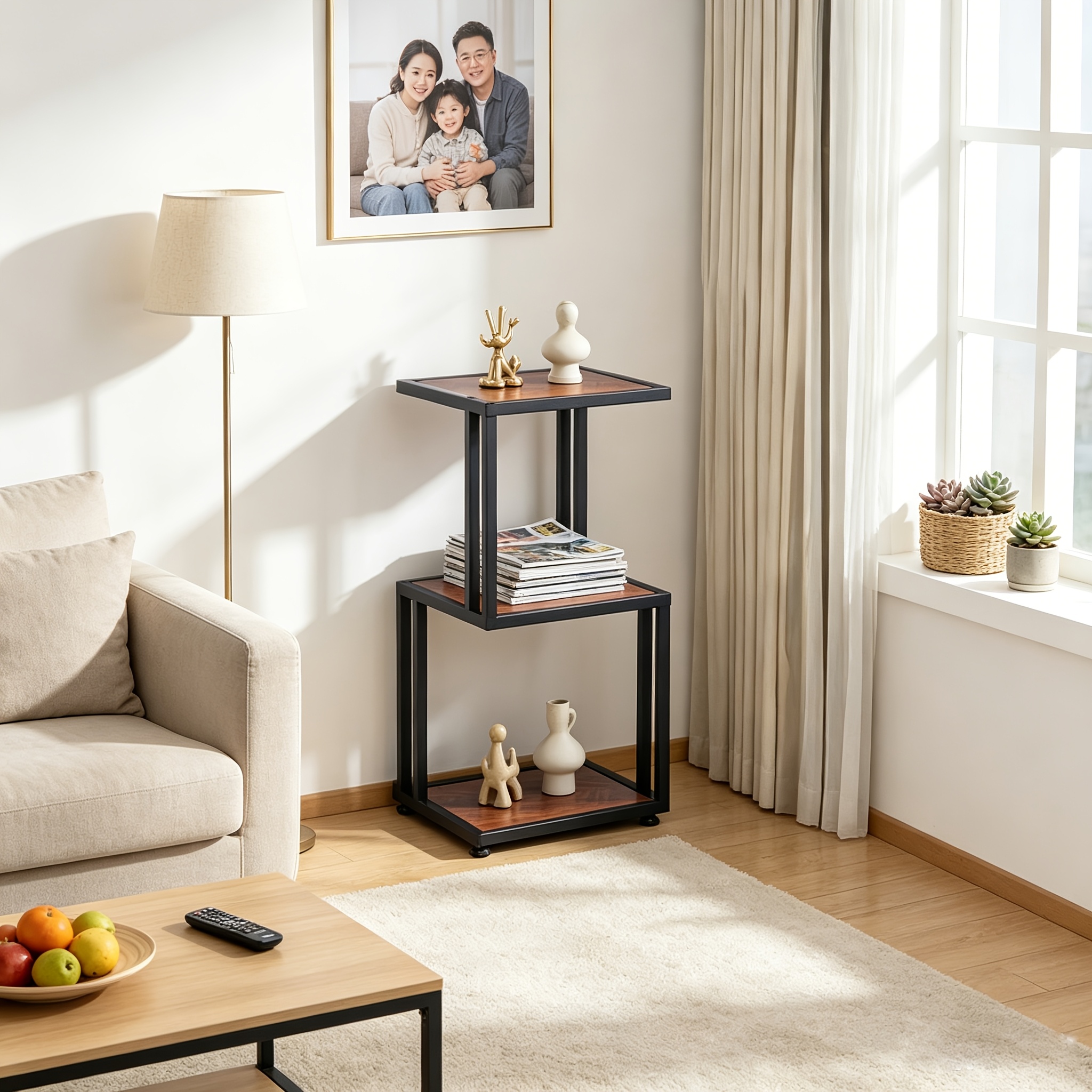 3-Tier Nightstand, Industrial Bedside Table with Open Storage Shelves, Wood Top Metal Frame End Table, Space-Saving Side Table for Small Spaces, Living Room, Bedroom, Ideal for Lamp, Books, Plants