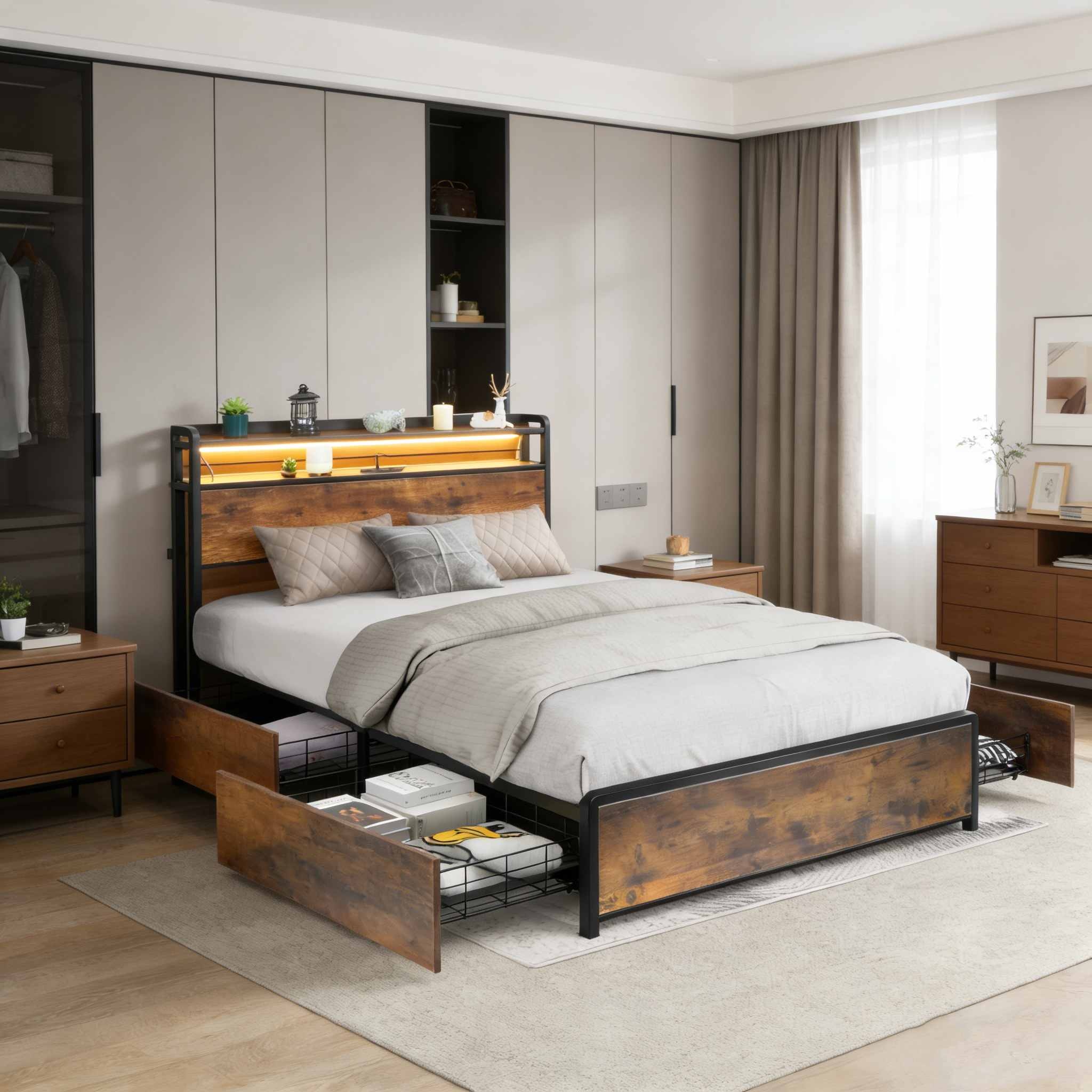 207x143cm double size metal bed frame with rgb led lights no led storage headboard and 4 underbed drawers industrial steel slat support platform bed     purchase of mattresses